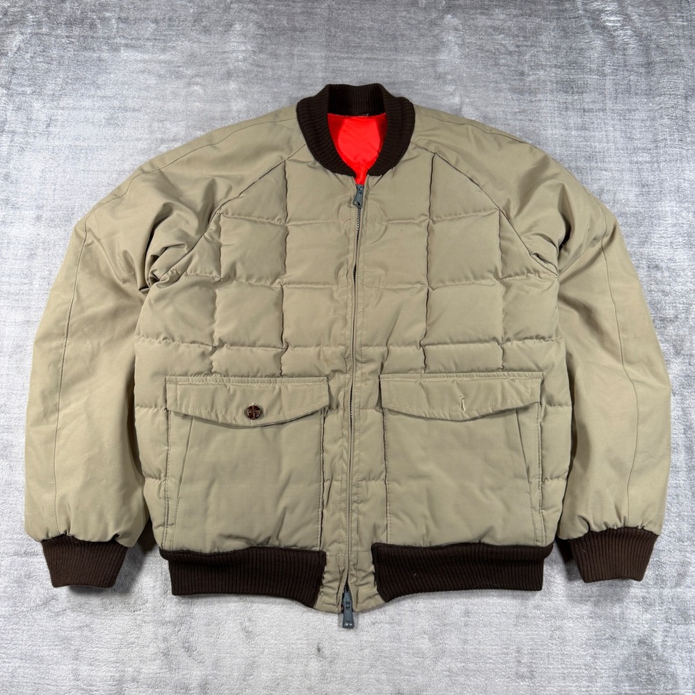 Vintage Quilted Puffer Jacket Mens XL Tan Orange Down Filled Bomber Reversible